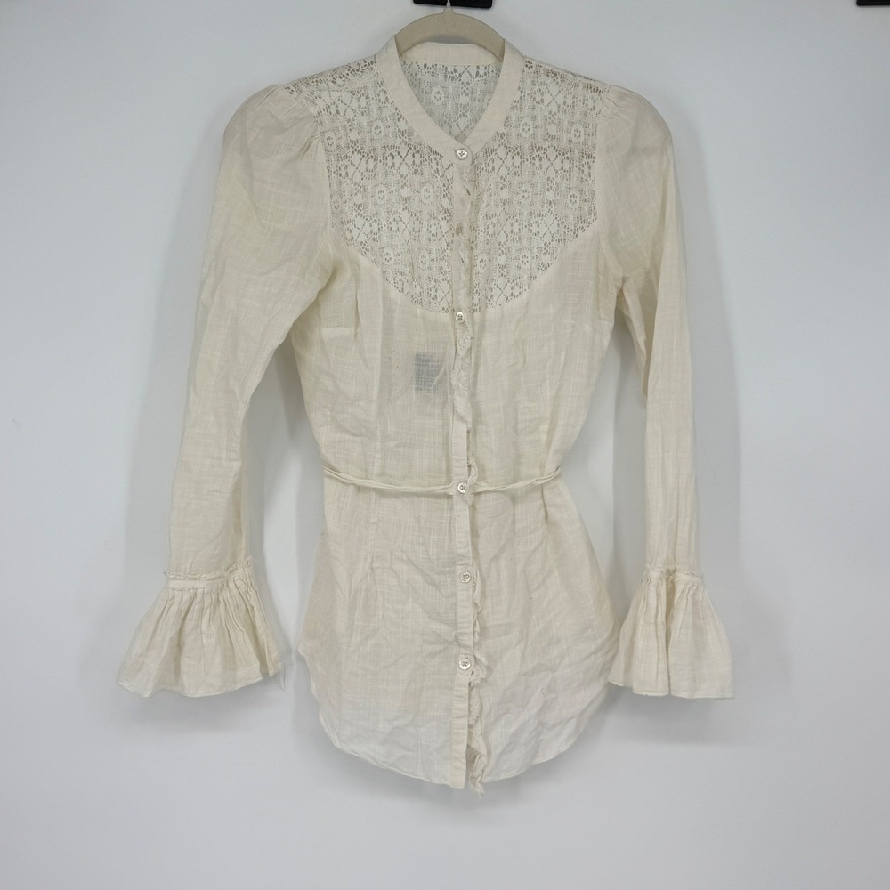 Free People Cream Lace Inset Bell Sleeve Button Down Blouse Top Size 4